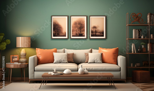 Living room interior with sofa  coffee table and plants. 3d rendering