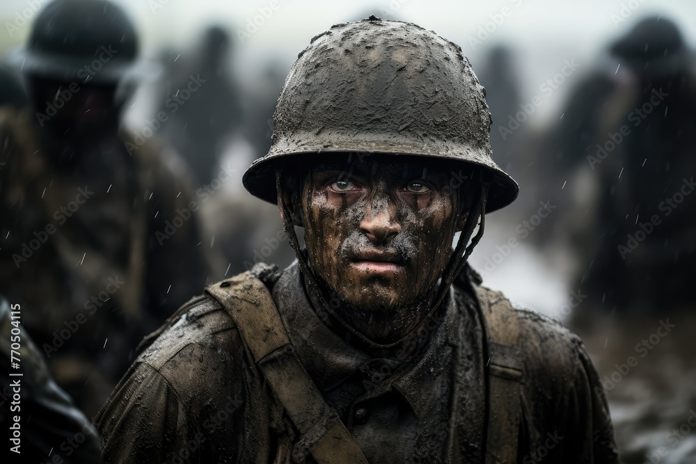 A soldier, covered head to toe in mud, stands resolute in the rain on a war-torn battlefield. Generative AI
