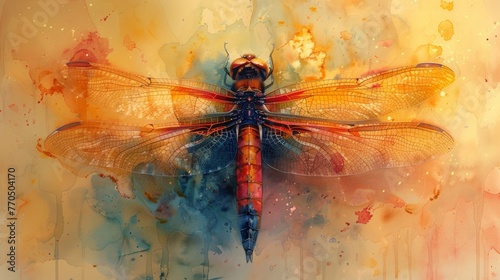 Artistic representation of a dragonfly with colorful watercolor background