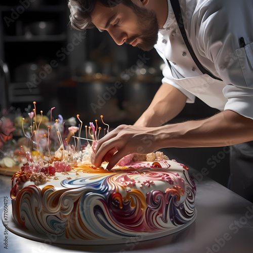 A close-up of a pastry chef decorating a cake. 