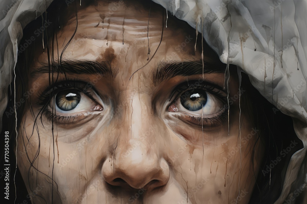 A close-up painting of a womans face, her eyes closed, with rain falling gently on her skin, conveying a sense of sorrow and reflection. Generative AI