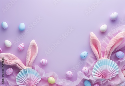 Top view illustration of easter bunny ears colorful vivid eggs and sprinkles on isolated light blue background with copy space, leaving space for text or advertising photo