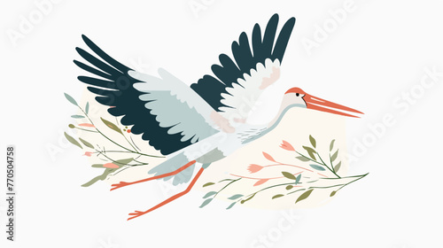White stork flying and carrying a bundle. Great as ba