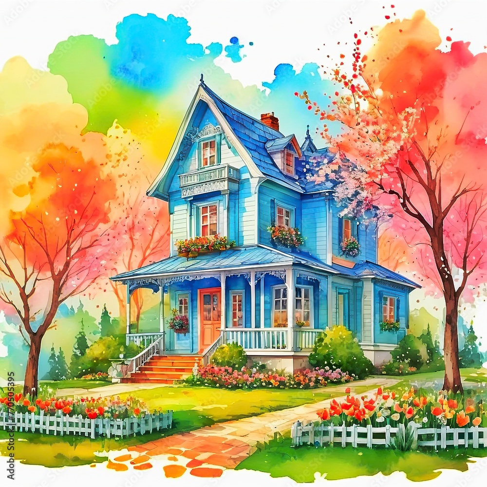Watercolour, a cute house in the spring on a white background - obrazy, fototapety, plakaty 
