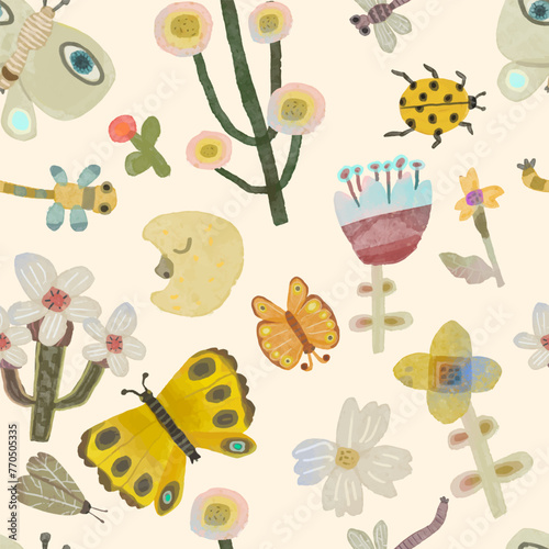 Butterfly and flower. seamless pattern animal and nature. watercolor vector illustration.