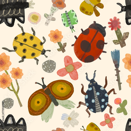Butterfly and flower. seamless pattern animal and nature. watercolor vector illustration.