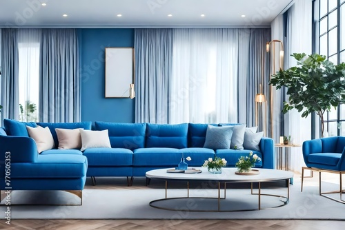 Modern blue living room design with sofa and furniture