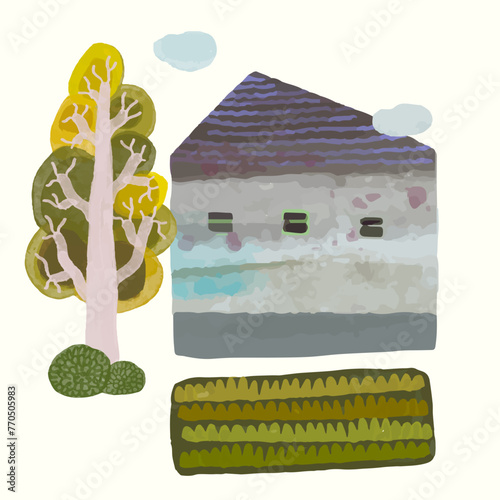 House and nature. watercolor vector illustration.