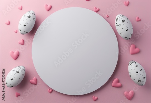 Easter day concept. Top view illustration of white circle colorful easter eggs and confetti on isolated postal background with empty space, advertisement banner