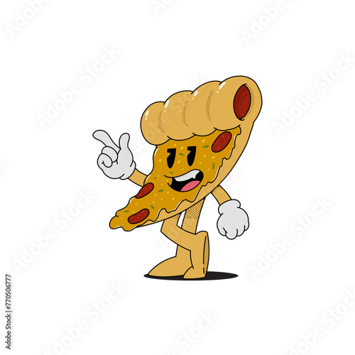 A cartoon pizza character is standing on its right foot and pointing to the left