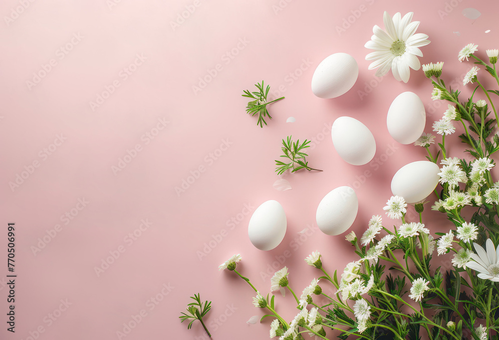 Top view illustration of Easter eggs, tulips, and confetti on a light purple surface, providing a spot for your holiday wishes or advertisements