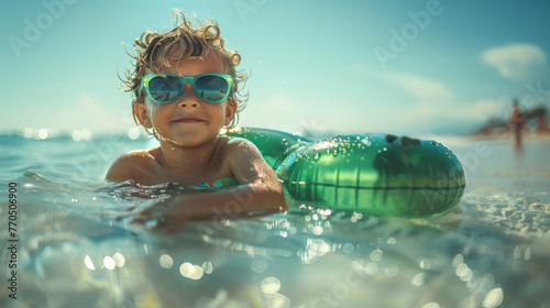 A young girl joyfully swims in the ocean, wearing sunglasses and floating on an inflatable air ring. photo