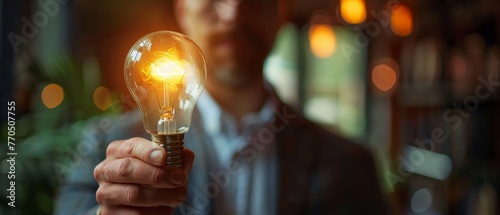 Businessmana  s hand and half a smart light bulb, metaphor for innovative ideas photo