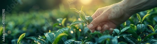 Closeup of hand picking fresh tea leaves in organic green tea farm, natural setting