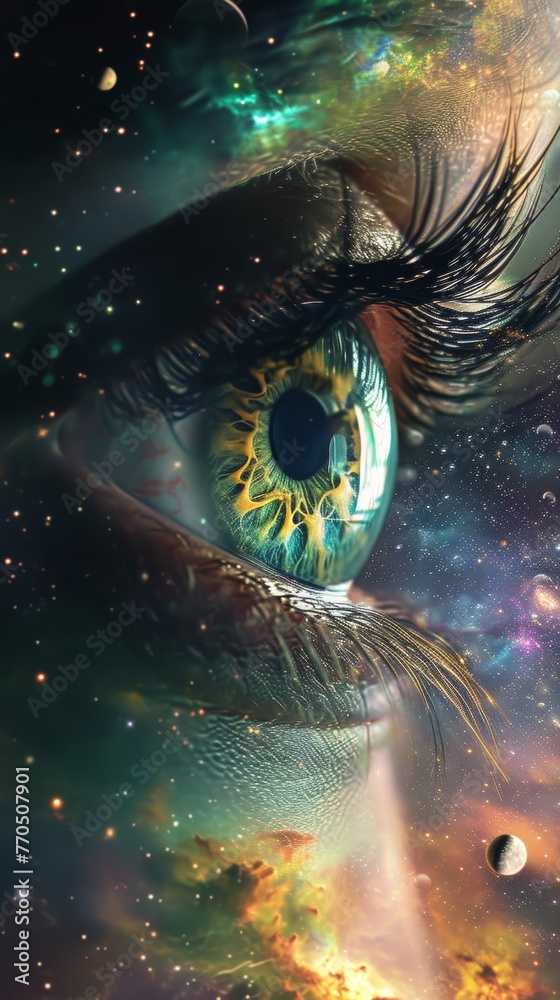 Cosmic eye with colorful galaxy reflection