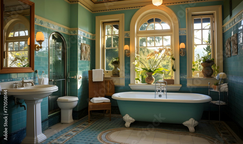 Bathroom interior in classic style with blue walls and tiled floor