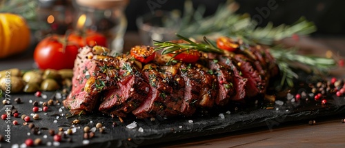 Meat masterpiece with fall herbs and spices, gourmet preparation, exquisitely rich photo