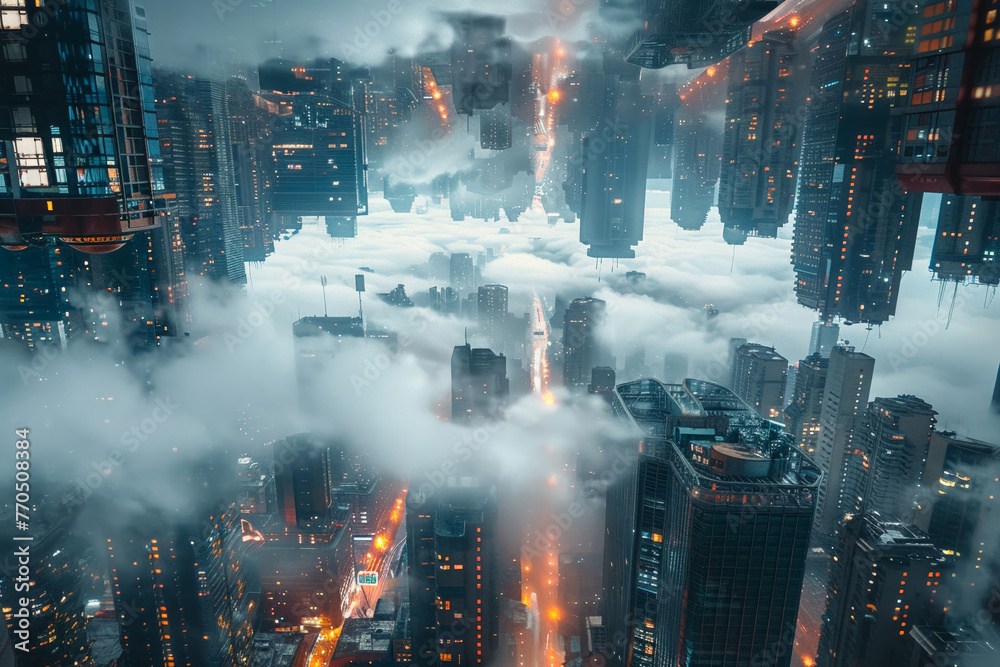 Scifi fantasy cityscape, upside down, inception effect, futuristic urban design