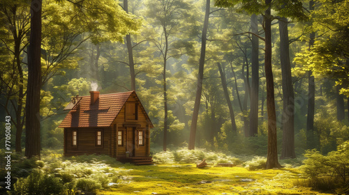 A small cabin in forest, surrounded by trees and grass
