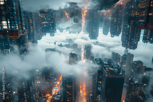 Scifi fantasy cityscape, upside down, inception effect, futuristic urban design