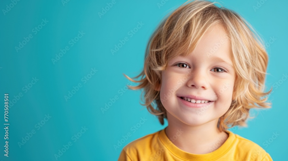 Portrait of a little boy with blond hair with a smile on his face, highlighted Portrait of a little boy with blond hair with a smile on his face, highlighted