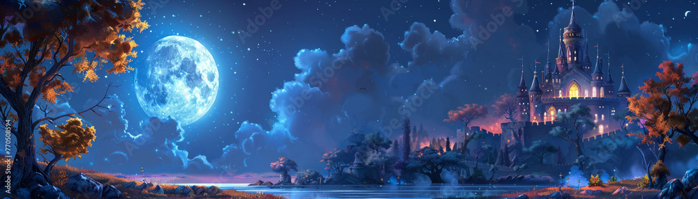 Whimsical castle in a cartoon fairytale world, evening time, moonlit scene