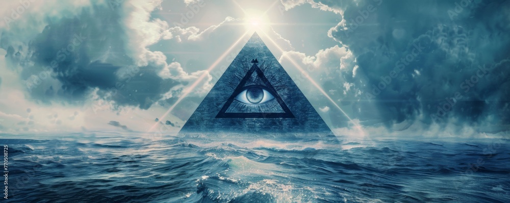 Surreal seascape with all-seeing eye pyramid - obrazy, fototapety, plakaty 