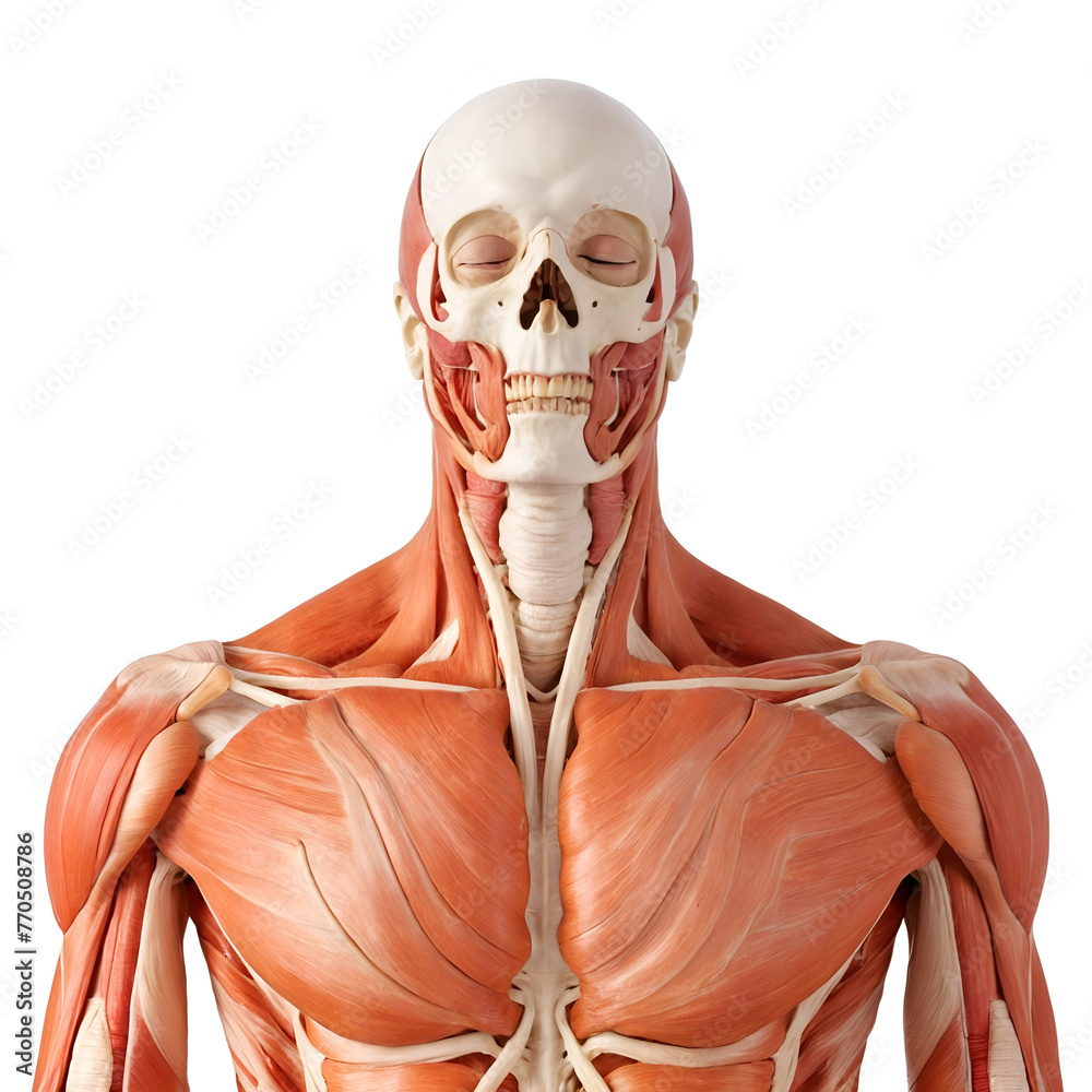 Human muscle anatomy model with skull - obrazy, fototapety, plakaty 