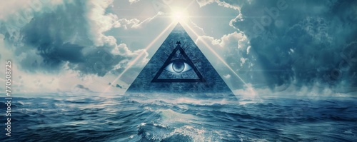 Surreal seascape with all-seeing eye pyramid