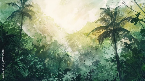 Panoramic watercolor painting of a lush jungle landscape.