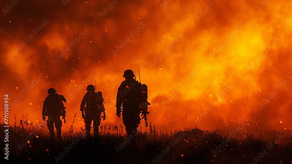 Fototapeta premium silhouette of firemen fighting on the fire