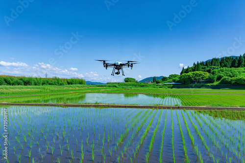 Naklejka 田んぼの上を飛ぶ農業用ドローン