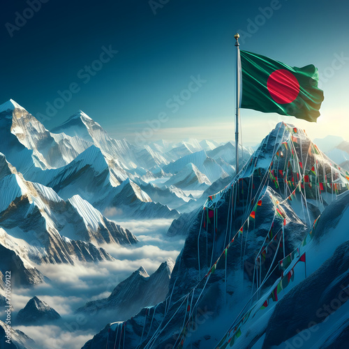 Bangladesh flag at sunrise in the mountains