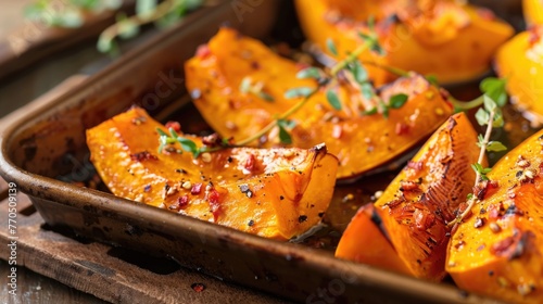 Roasted butternut squash halves with herbs. Close-up culinary photography. photo