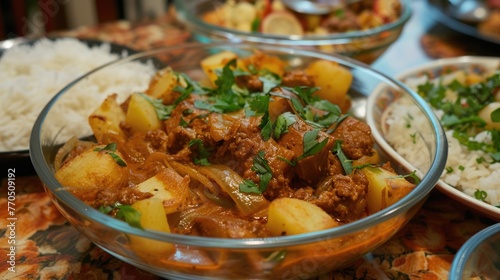 Hearty beef stew in a wooden bowl with potatoes and garnished with parsley