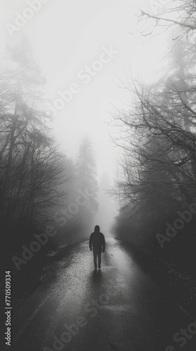Person walking on a foggy road surrounded by trees
