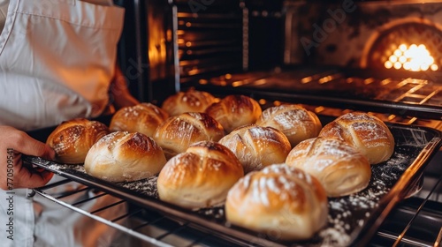 Freshly baked buns being removed from an industrial oven. photo