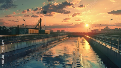Sewage treatment plant at sunset. Environmental engineering