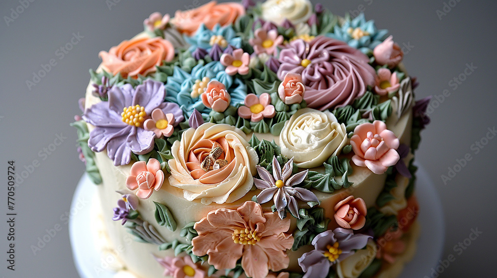 A birthday cake adorned with intricate floral designs made from buttercream frosting.