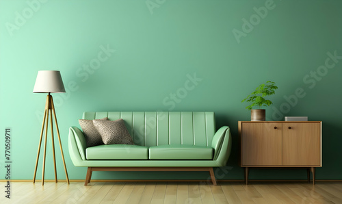 green mint wall with sofa sideboard on wood
