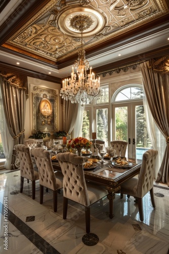 Luxurious dining room interior with ornate ceiling and elegant table setting.