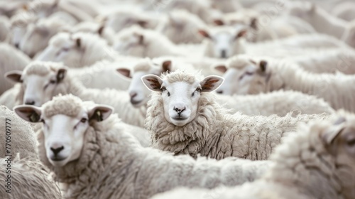 Group of sheep standing in a field. Livestock farming and agriculture concept.