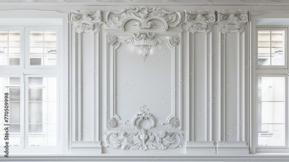 Obraz premium Elegant white stucco molding on wall with classic architecture details.