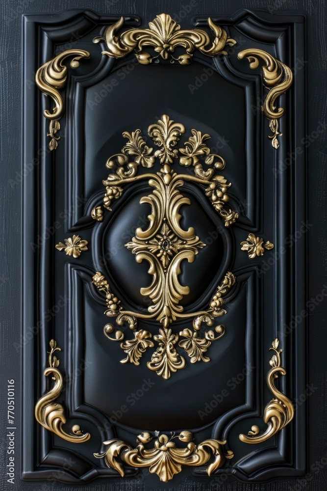Luxurious black leather door with golden ornamental details.