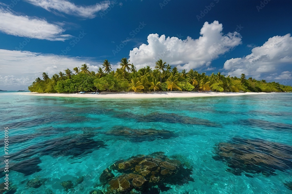 Fototapeta premium a small island with a sandy beach and palm trees, tropical island