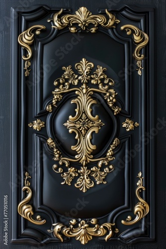 Luxurious black leather door with golden ornamental details.