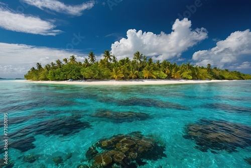 a small island with a sandy beach and palm trees, tropical island