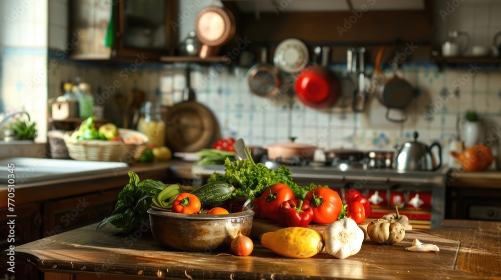 Assorted fresh vegetables on wooden counter in rustic kitchen. Assorted fresh vegetables on wooden counter in rustic kitchen.