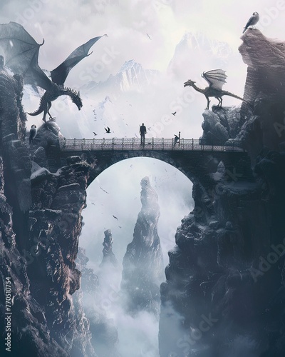A human forming a bridge over a chasm for mythical creatures, representing leadership as a connector between diverse worlds photo