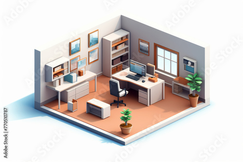 3D isometric illustration of a well-organized and modern home office setup with various elements